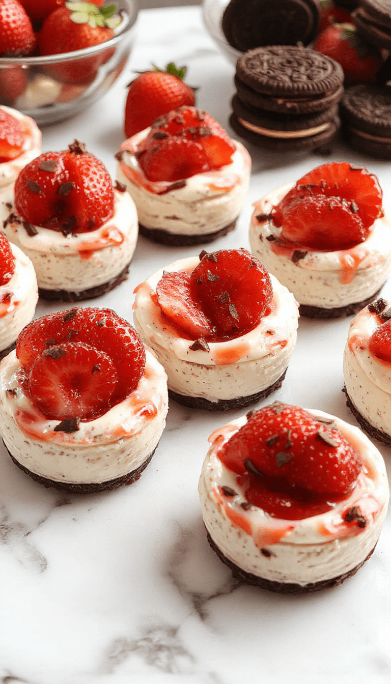 A close-up of three elegant strawberry Oreo cheesecake cups on a white plate, topped with fresh sliced strawberries and crumbled Oreo cookies, showcasing the creamy layers and vibrant red fruit against a blurred pastel background, styled with a mint leaf garnish for a fresh look.