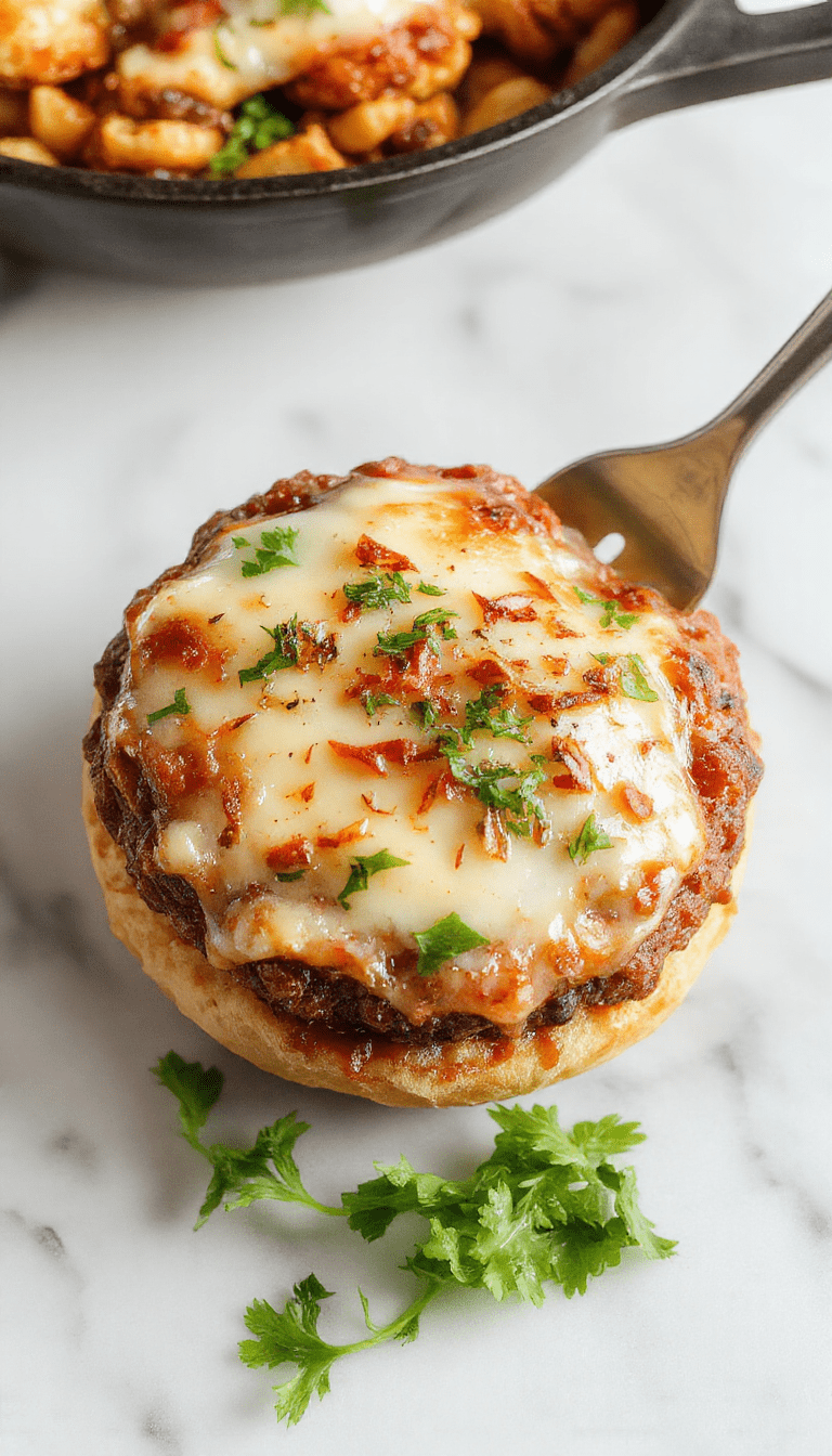 A vibrant, close-up image of a cheesy cheeseburger orzo skillet in a rustic black skillet. The dish features tender orzo pasta coated in melted cheddar cheese, topped with seasoned ground beef, fresh diced tomatoes, and a sprinkle of chopped green onions. The colorful ingredients contrast beautifully against the dark skillet, with a drizzle of ketchup and mustard, styled on a wooden table with a garnish of pickles and a side of crispy fries.