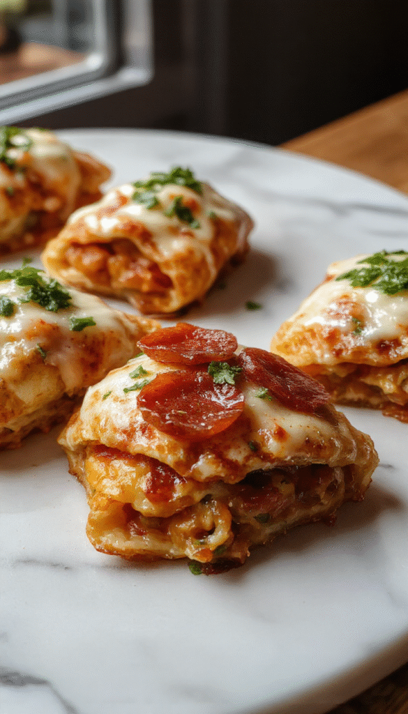 A vibrant close-up of a golden-brown pepperoni pizzadilla sliced open to reveal melted cheese and crispy pepperoni inside, garnished with fresh herbs on a rustic wooden plate.