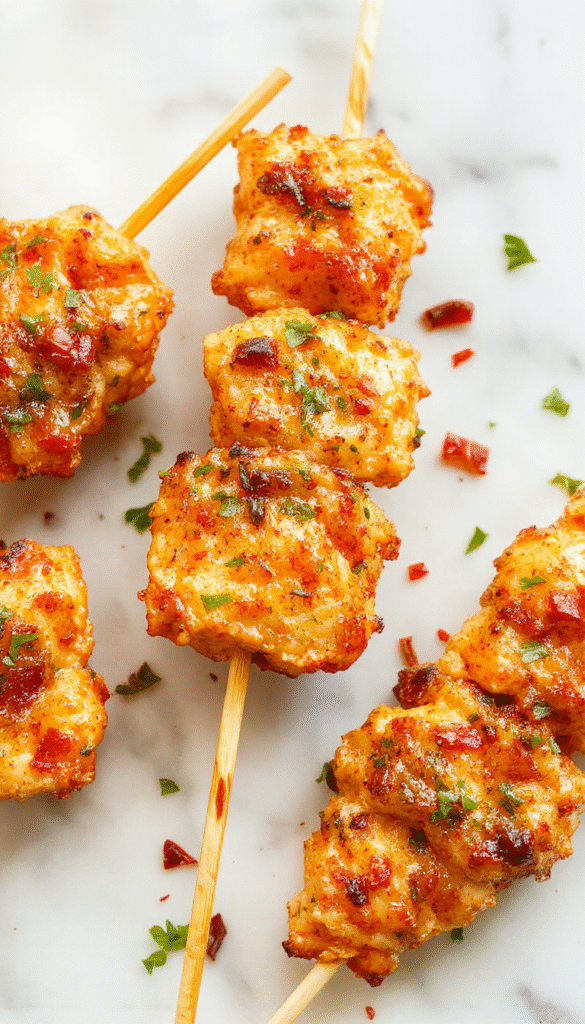 Colorful chicken skewers arranged on a white platter with vibrant red and green bell peppers, juicy chicken pieces charred to perfection, garnished with fresh herbs; the background features a rustic wooden table with side dishes and a bowl of dipping sauce, styled for a lively playoff celebration.