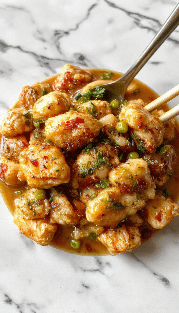 Colorful chicken ramen stir fry served in a white bowl, with tender shredded chicken, vibrant vegetables like bell peppers and green beans, glossy sauce, garnished with sesame seeds and chopped scallions, styled casually on a rustic wooden table