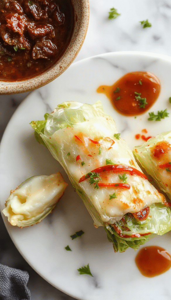 A vibrant plate of cabbage wraps filled with seasoned rice and minced meat, garnished with fresh herbs, served on a white ceramic dish with a colorful background highlighting its textures and presentation.