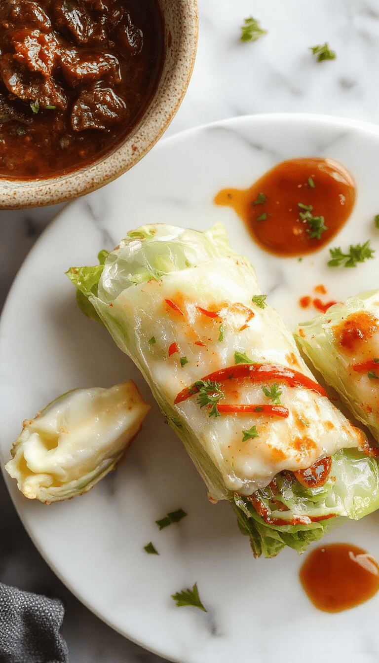 A vibrant plate of cabbage wraps filled with seasoned rice and minced meat, garnished with fresh herbs, served on a white ceramic dish with a colorful background highlighting its textures and presentation.