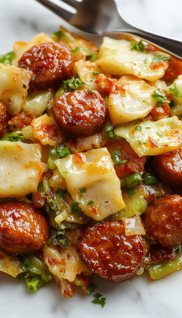 Colorful stir fry featuring golden-brown sausage slices, crisp green cabbage, and red bell peppers, all arranged on a rustic wooden plate with a glossy glaze, styled with fresh herbs and sesame seeds, vibrant and appetizing.