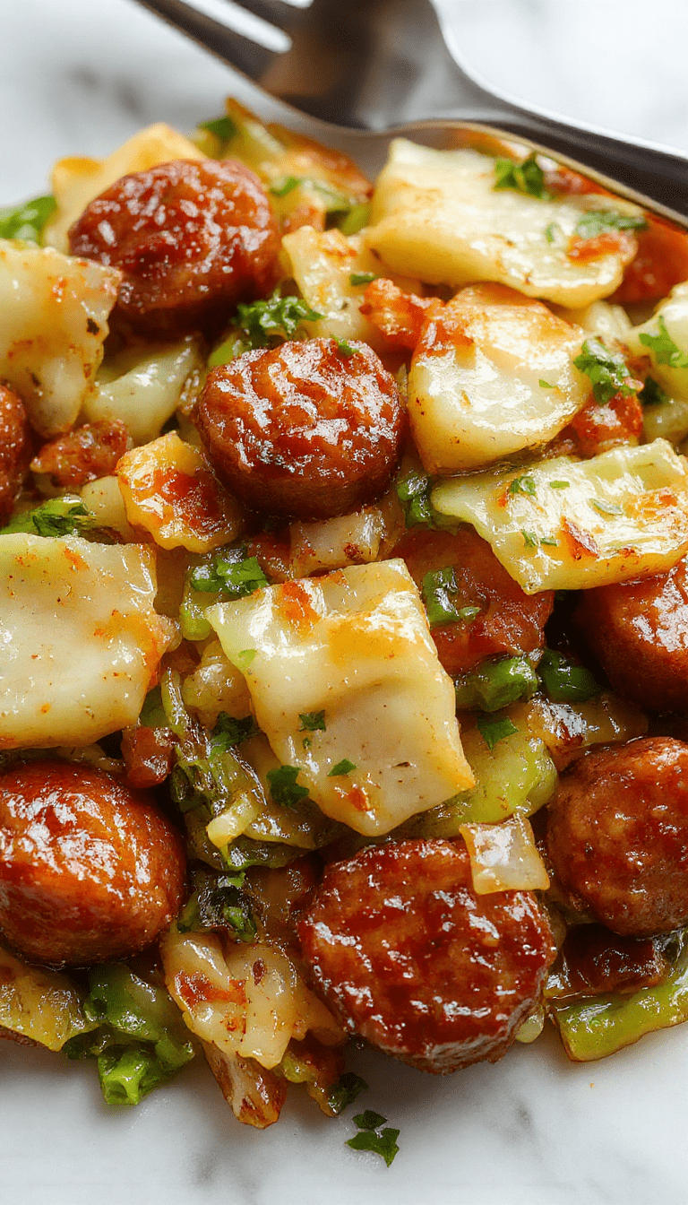 Colorful stir fry featuring golden-brown sausage slices, crisp green cabbage, and red bell peppers, all arranged on a rustic wooden plate with a glossy glaze, styled with fresh herbs and sesame seeds, vibrant and appetizing.
