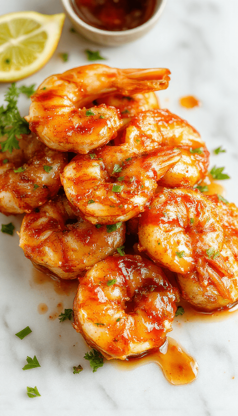 A vibrant plate of honey garlic shrimp featuring succulent shrimp coated in a glossy honey garlic glaze, garnished with chopped green onions. The dish is served on a white plate with a side of steamed vegetables and a lemon wedge, set against a rustic wooden background with a hint of fresh herbs and a drizzle of honey for added visual appeal.