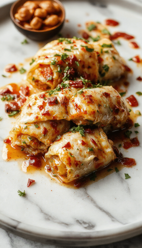 A vibrant plate featuring rolled cabbage leaves filled with seasoned meat and rice, topped with tomato sauce and garnished with fresh herbs, showcasing a golden-brown, slightly crispy texture with bright green and deep red colors.