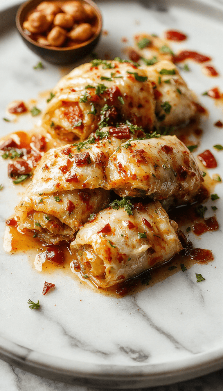 A vibrant plate featuring rolled cabbage leaves filled with seasoned meat and rice, topped with tomato sauce and garnished with fresh herbs, showcasing a golden-brown, slightly crispy texture with bright green and deep red colors.