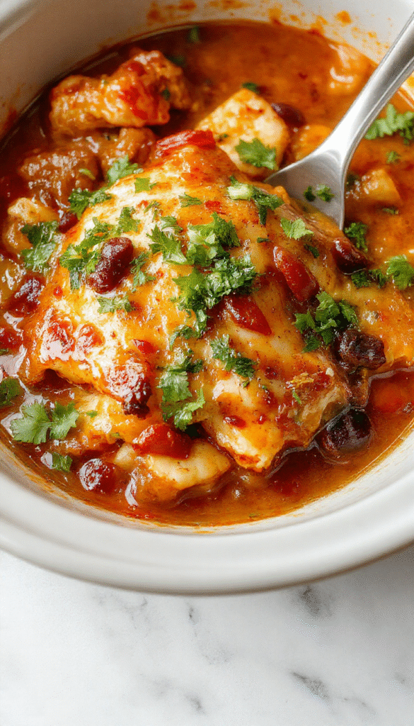 A vibrant dish featuring shredded chicken and melted cheese nestled inside soft tortillas, topped with fresh cilantro and a drizzle of enchilada sauce, all presented on a rustic plate with colorful side garnishes.