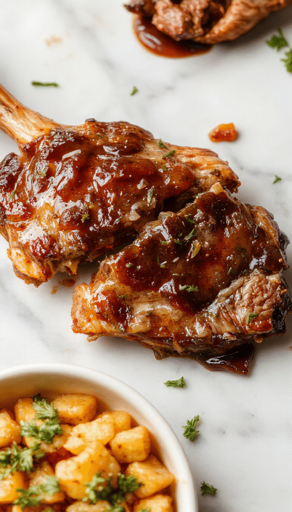 A vivid image of perfectly cooked beef chops glazed with a rich brown sugar sauce, arranged on a rustic white plate garnished with fresh herbs, with a caramelized surface and tender interior visible, set on a wooden table with a nearby small bowl of sauce and a sprig of thyme, styled simply to highlight the juicy meat and glossy glaze.
