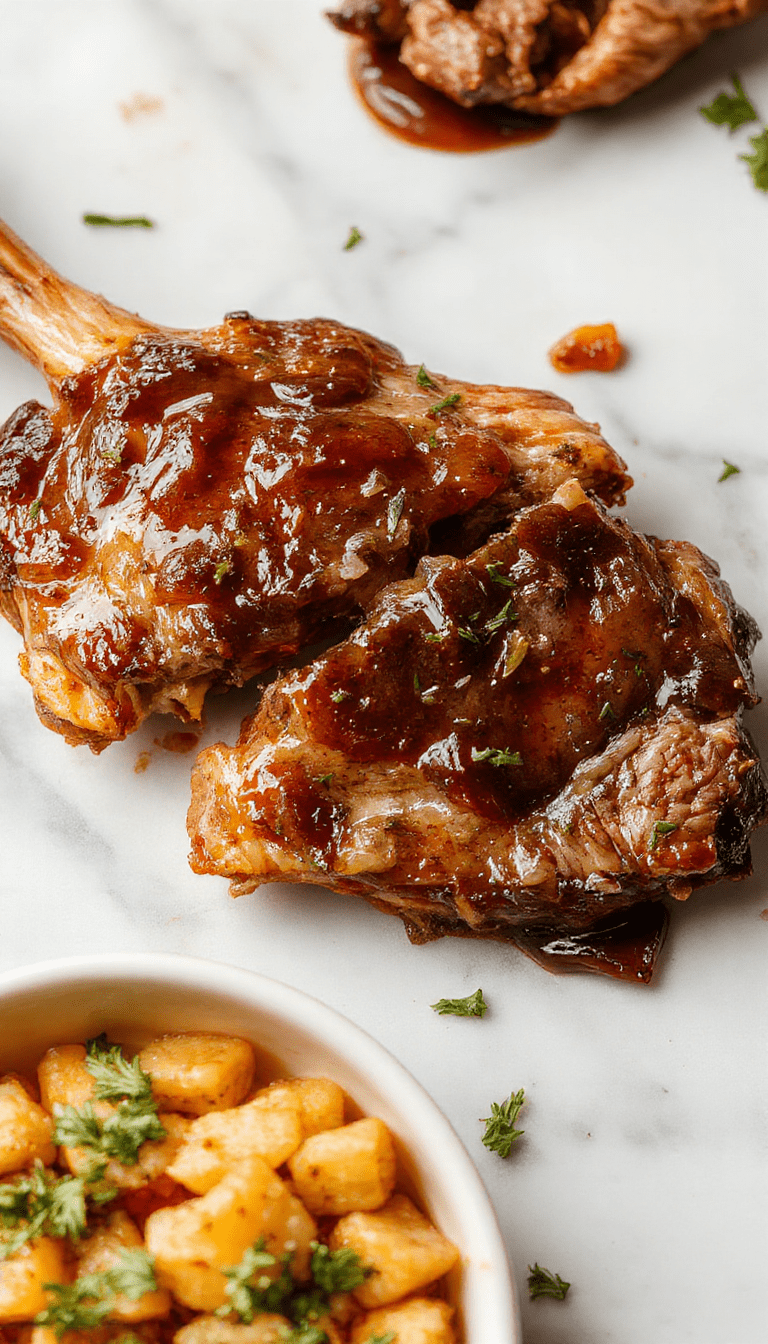 A vivid image of perfectly cooked beef chops glazed with a rich brown sugar sauce, arranged on a rustic white plate garnished with fresh herbs, with a caramelized surface and tender interior visible, set on a wooden table with a nearby small bowl of sauce and a sprig of thyme, styled simply to highlight the juicy meat and glossy glaze.