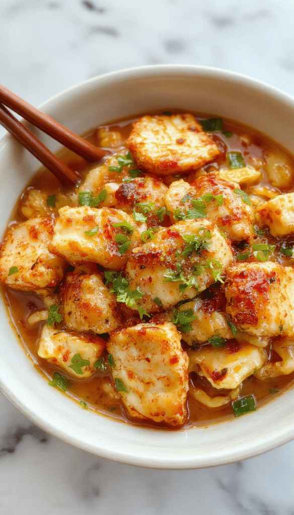 Brightly colored chicken ramen stir fry served in a white bowl. Juicy chicken pieces with stir-fried vegetables including bell peppers, mushrooms, and snap peas. The dish has a glossy, flavorful sauce coating the ingredients, with a sprinkle of green onions and sesame seeds on top, styled on a wooden surface for a vibrant, appetizing presentation.