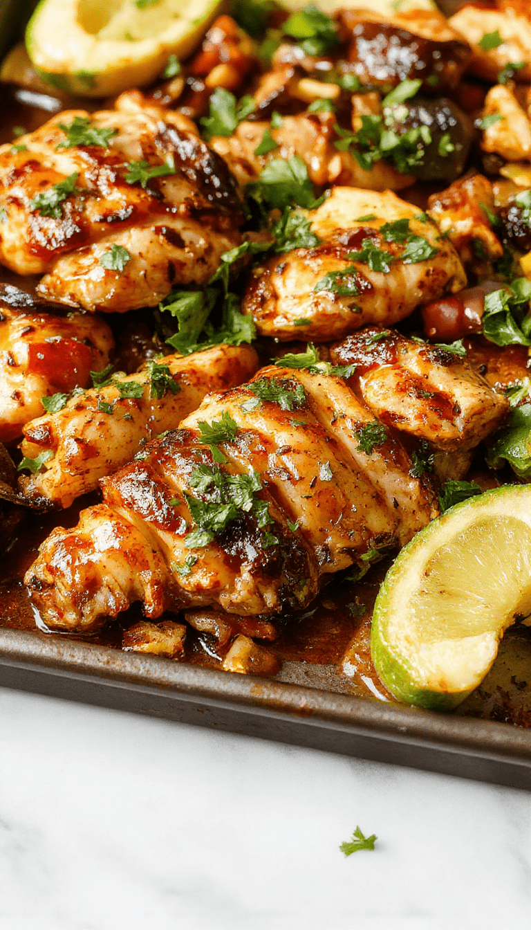 Colorful chicken fajitas arranged on a rectangular sheet pan with vibrant red and green bell peppers, onion slices, and seasoned chicken strips, garnished with fresh cilantro and lime wedges, presented on a rustic wooden table with a matte surface and natural lighting highlighting textures.