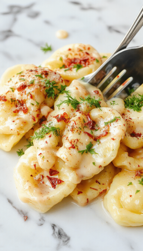 A close-up of a vibrant bowl of tortellini, golden and stuffed with cheese, coated in a rich, creamy sauce, garnished with fresh herbs, served on a rustic wooden table
