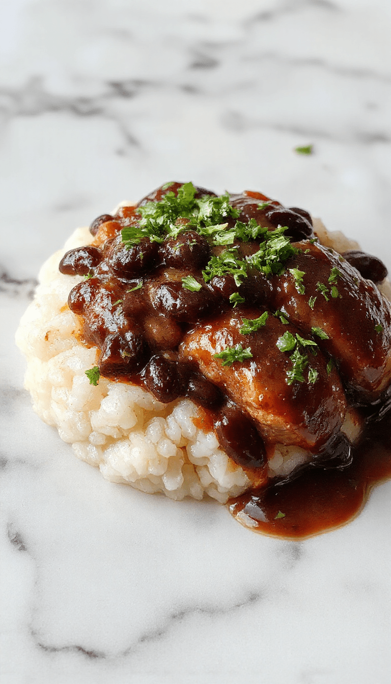 A colorful plate featuring fluffy white rice topped with hearty black beans, slices of smoky sausage, vibrant green herbs, and a sprinkle of fresh diced tomatoes, garnished with parsley. The dish appears steaming hot with a glossy finish, beautifully plated on a rustic wooden table with a side of sliced bread and a lemon wedge for added freshness.