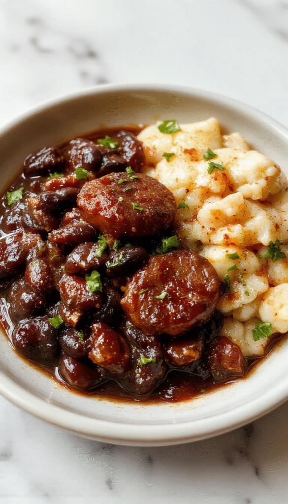 A vibrant plate of black beans and rice topped with sliced, juicy sausage, garnished with chopped herbs, served in a rustic bowl on a wooden table, with colorful vegetables in the background, highlighting the rich textures and inviting colors of the dish.