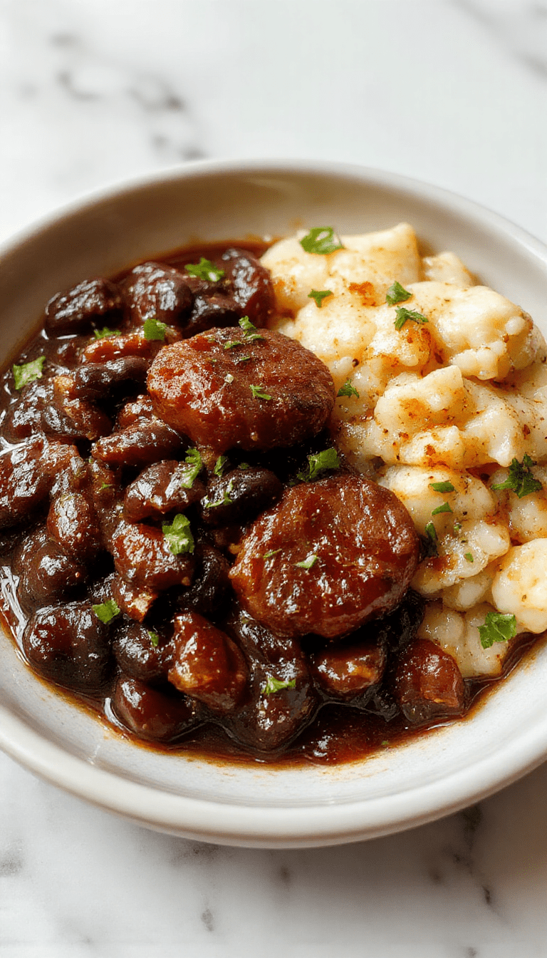 A vibrant plate of black beans and rice topped with sliced, juicy sausage, garnished with chopped herbs, served in a rustic bowl on a wooden table, with colorful vegetables in the background, highlighting the rich textures and inviting colors of the dish.