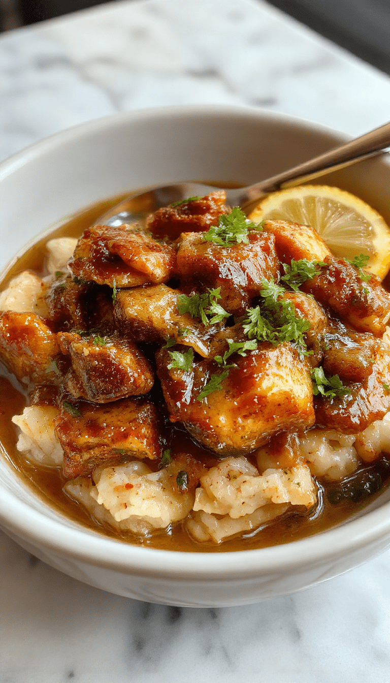 A visually appealing plate featuring crispy caramelised soy-glazed chicken pieces on a bed of fluffy white rice, surrounded by a clear garlic and ginger broth with fresh herbs. The chicken has a glossy, caramel sheen with crispy edges, garnished with chopped green onions and slices of ginger, all styled on a rustic wooden table with a warm, inviting ambiance.