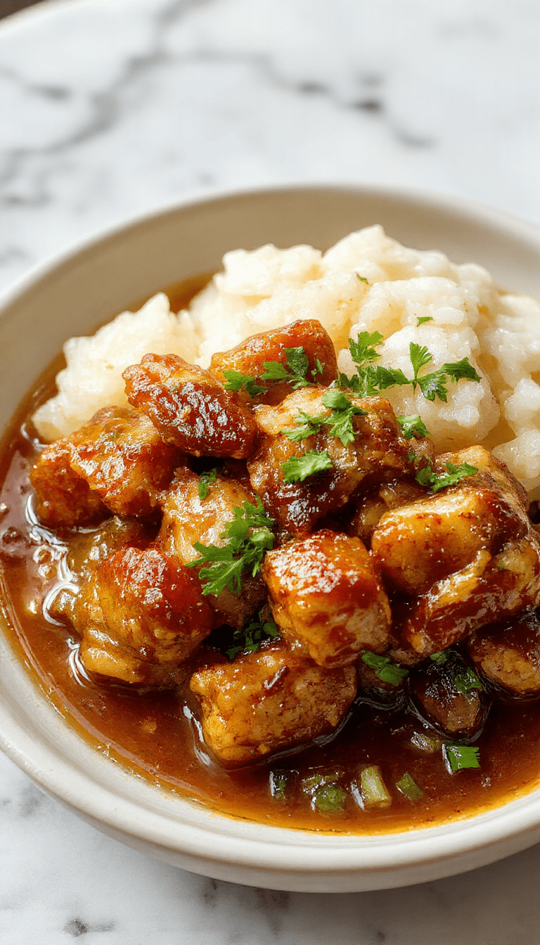 A vibrant plate of caramelised soy chicken garnished with fresh herbs, served atop fluffy rice and surrounded by a rich garlic ginger broth with colorful vegetables, styled artistically on a rustic wooden table.