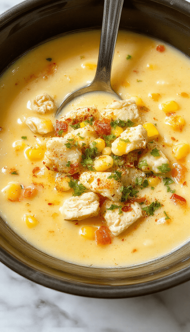 A steaming bowl of creamy chicken corn chowder garnished with fresh herbs, surrounded by ingredients like corn kernels, cooked chicken bits, and a drizzle of cream, set on a rustic wooden table with a cozy kitchen background.