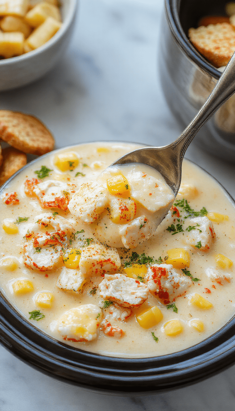 A warm bowl of creamy chicken corn chowder garnished with fresh herbs on a rustic wooden table. The chowder has a rich, golden-yellow color with chunks of chicken, sweet corn, and diced potatoes visible. Accompanying the bowl are slices of crusty bread and fresh parsley, styled with a cozy, inviting atmosphere and natural lighting highlighting the textures and ingredients.