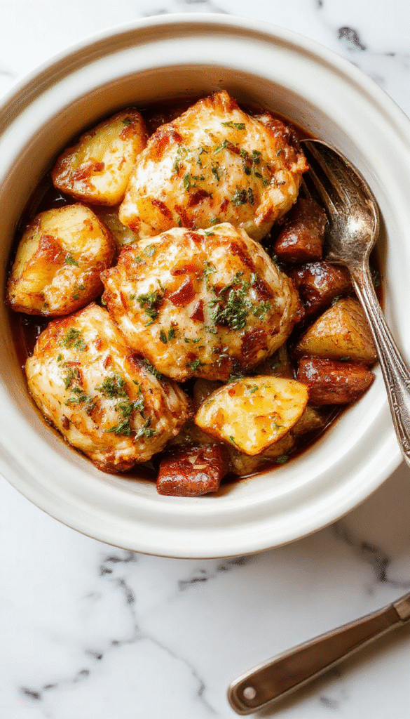 A close-up of tender shredded chicken coated in creamy garlic Parmesan sauce, served alongside crispy roasted potato wedges, garnished with fresh herbs, all arranged beautifully on a rustic white plate with a sprinkle of cheese and herbs, set on a wooden table with a soft natural light highlighting the textures and rich flavors.