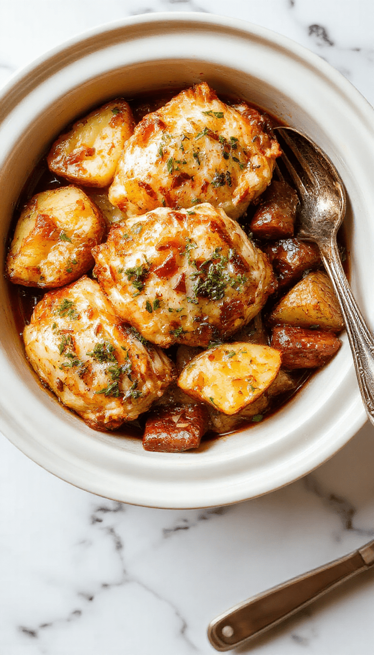 A close-up of tender shredded chicken coated in creamy garlic Parmesan sauce, served alongside crispy roasted potato wedges, garnished with fresh herbs, all arranged beautifully on a rustic white plate with a sprinkle of cheese and herbs, set on a wooden table with a soft natural light highlighting the textures and rich flavors.