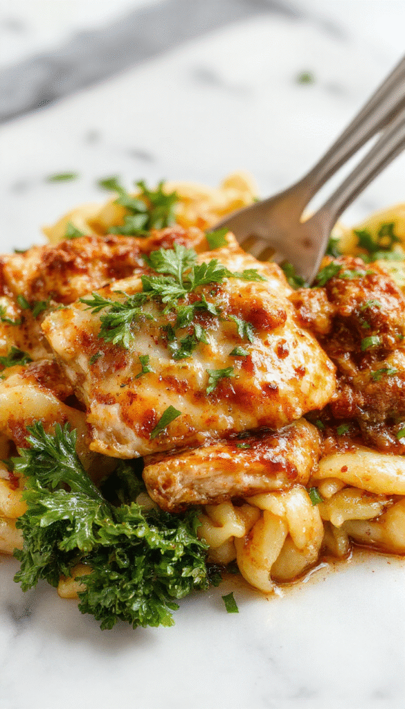 A vibrant plate showcasing tender chicken pieces simmered in rich Marsala wine sauce, served atop perfectly cooked orzo pasta. The dish is garnished with fresh herbs, and the sauce has a glossy, flavorful texture. The colorful presentation features a rustic plate with a sprinkle of pepper and green herbs, accompanied by a glass of red wine and a side of roasted vegetables.