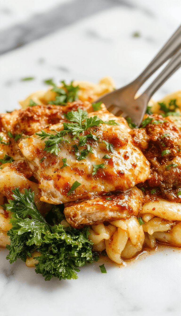 A vibrant plate showcasing tender chicken pieces simmered in rich Marsala wine sauce, served atop perfectly cooked orzo pasta. The dish is garnished with fresh herbs, and the sauce has a glossy, flavorful texture. The colorful presentation features a rustic plate with a sprinkle of pepper and green herbs, accompanied by a glass of red wine and a side of roasted vegetables.