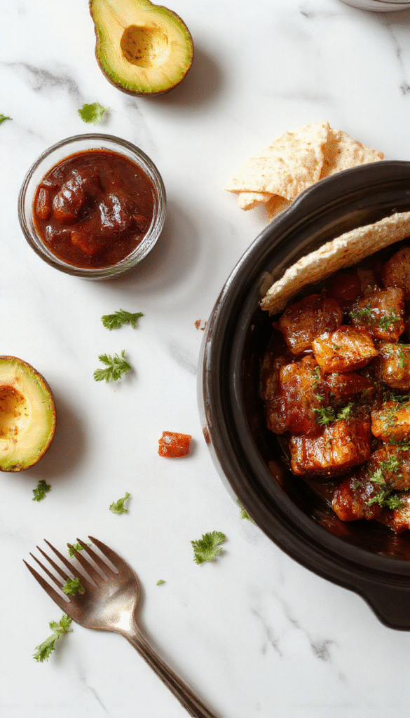 Colorful plate of crockpot fajitas featuring tender sliced grilled chicken and vibrant bell peppers and onions in a warm tortilla, garnished with fresh herbs, with a rustic wooden background and melted cheese.
