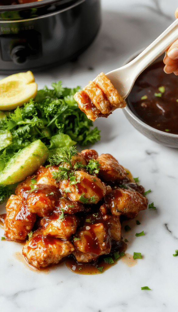 A close-up of tender, glazed crockpot teriyaki chicken resting on a rustic wooden table, garnished with sesame seeds and chopped green onions, with a side of steamed rice and colorful vegetables, styled for a cozy homemade meal