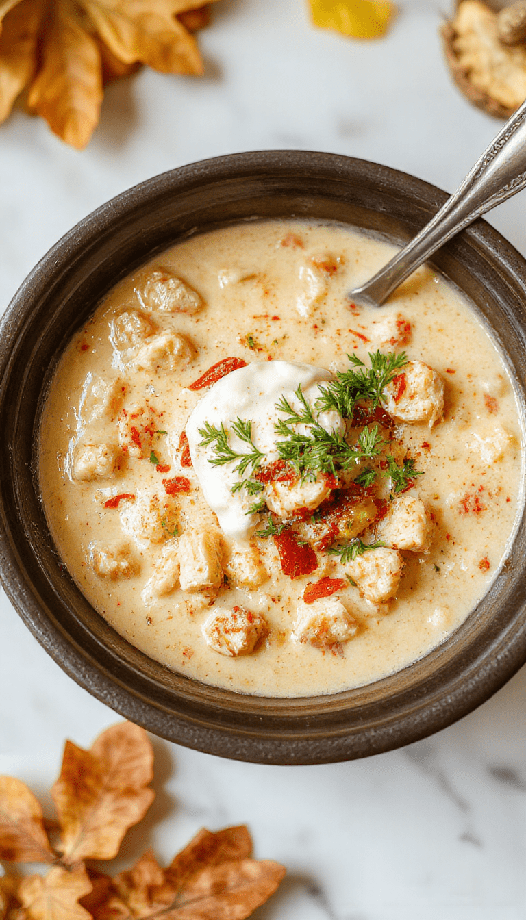 A warm bowl of white chicken chili topped with shredded cheese and fresh cilantro, served alongside slices of crusty bread. The chili has a creamy texture with visible chunks of chicken, beans, and melted cream cheese, all in a white and golden broth. The presentation is cozy and inviting, perfect for a family-friendly fall dinner.
