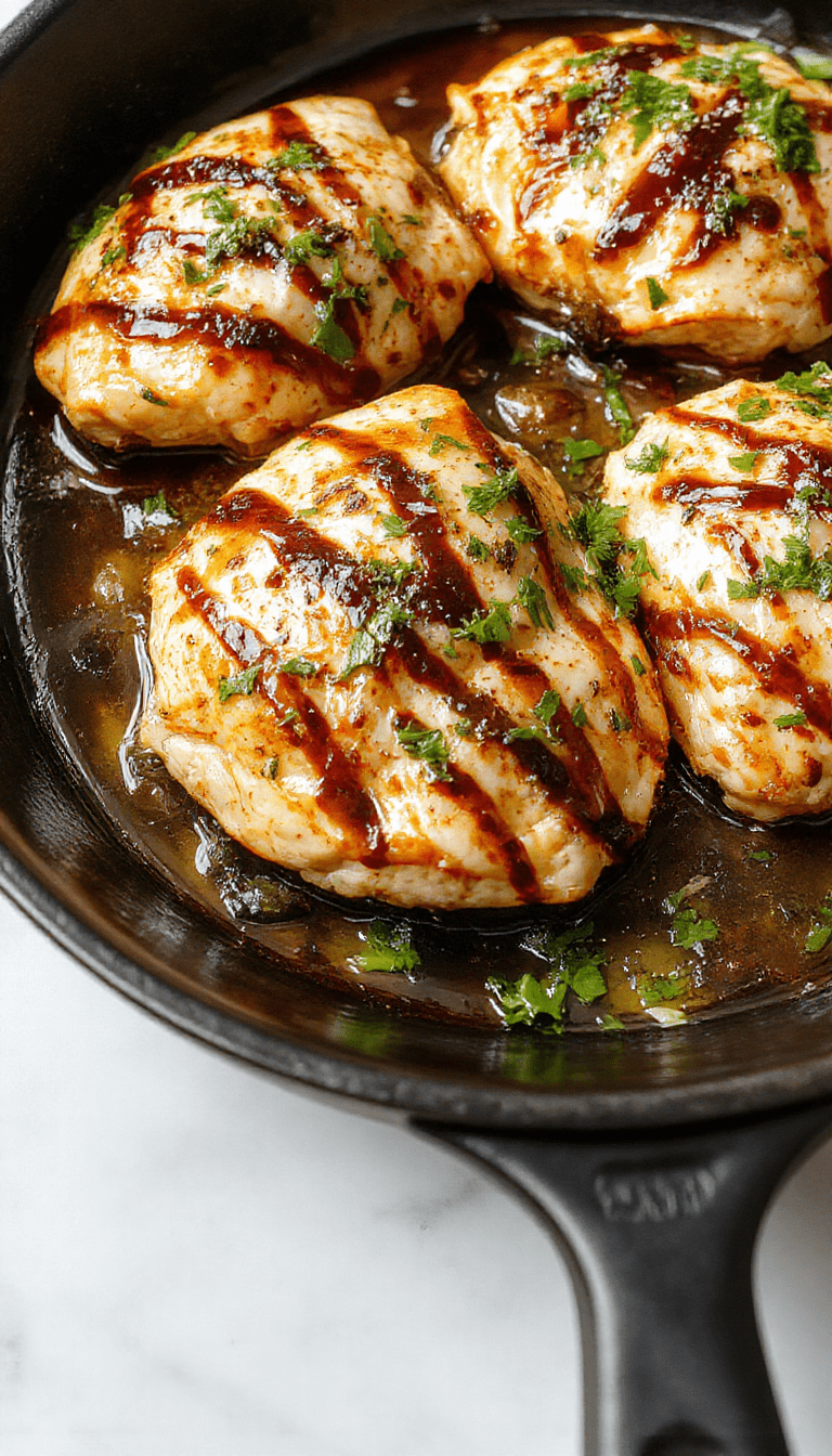 Colorful plated dish featuring juicy Balsamic Chicken with caramelized glaze on a rustic wooden table, garnished with fresh herbs, alongside roasted vegetables and a drizzle of balsamic glaze, styled in a modern, inviting presentation.