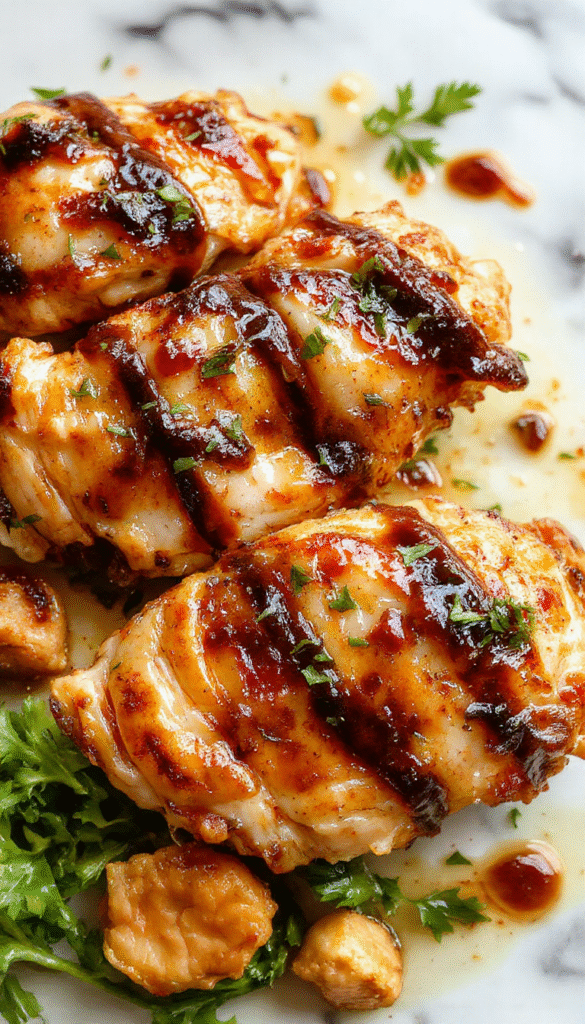 Colorful close-up of a skillet with tender chicken breasts glazed in deep balsamic sauce, garnished with fresh herbs, served on a rustic wooden table with vibrant greens and cherry tomatoes, showcasing a glossy sauce texture and perfectly cooked meat.