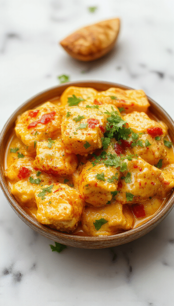 A vibrant plate of homemade butter chicken topped with fresh cilantro, featuring tender, juicy chicken pieces coated in rich, creamy tomato sauce. The dish is served on a white ceramic plate with a side of fluffy basmati rice and garnished with chopped herbs, showcasing a glossy texture and inviting aroma in warm lighting.