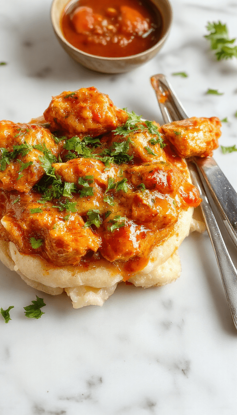 A vibrant plate of creamy butter chicken garnished with fresh cilantro, served alongside fluffy white rice. The dish features tender chicken in a rich, orange-colored sauce with a glossy texture, complemented by a scattering of colorful spices and herbs for visual appeal.