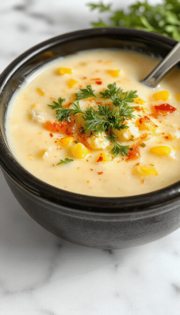 A bowl of creamy chicken corn chowder garnished with fresh parsley, placed on a rustic wooden table. The chowder has a thick, golden yellow texture with chunks of tender chicken, sweet corn, and diced potatoes visible. The vibrant yellow color contrasts with the green parsley, and a spoon is partially submerged in the soup, inviting a comforting, hearty meal.