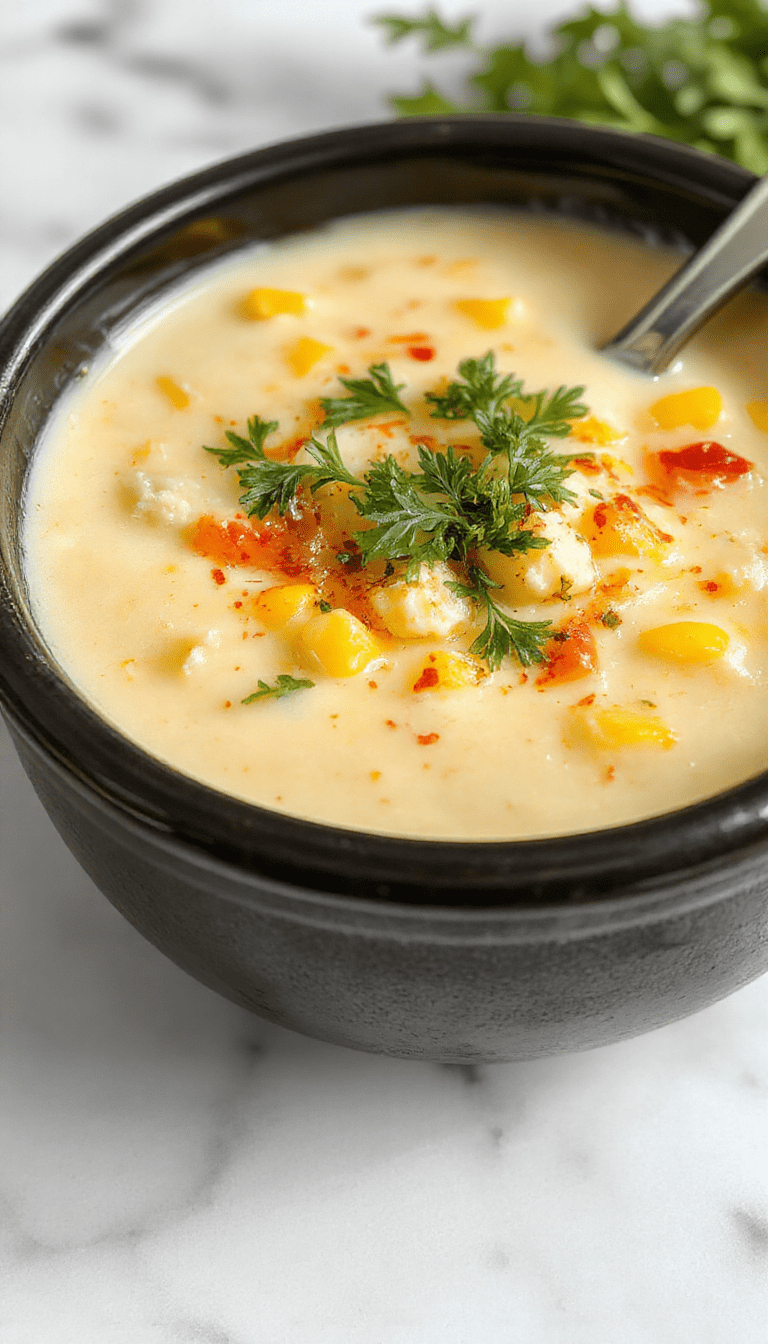 A bowl of creamy chicken corn chowder garnished with fresh parsley, placed on a rustic wooden table. The chowder has a thick, golden yellow texture with chunks of tender chicken, sweet corn, and diced potatoes visible. The vibrant yellow color contrasts with the green parsley, and a spoon is partially submerged in the soup, inviting a comforting, hearty meal.