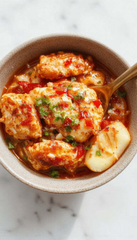Vibrant close-up of a colorful chicken bowl featuring crispy fried chicken pieces coated in a spicy sauce, garnished with green scallions and sesame seeds, served over rice with fresh vegetables and a drizzle of sauce, styled on a rustic plate with a background of chopsticks and a bowl of sauce.