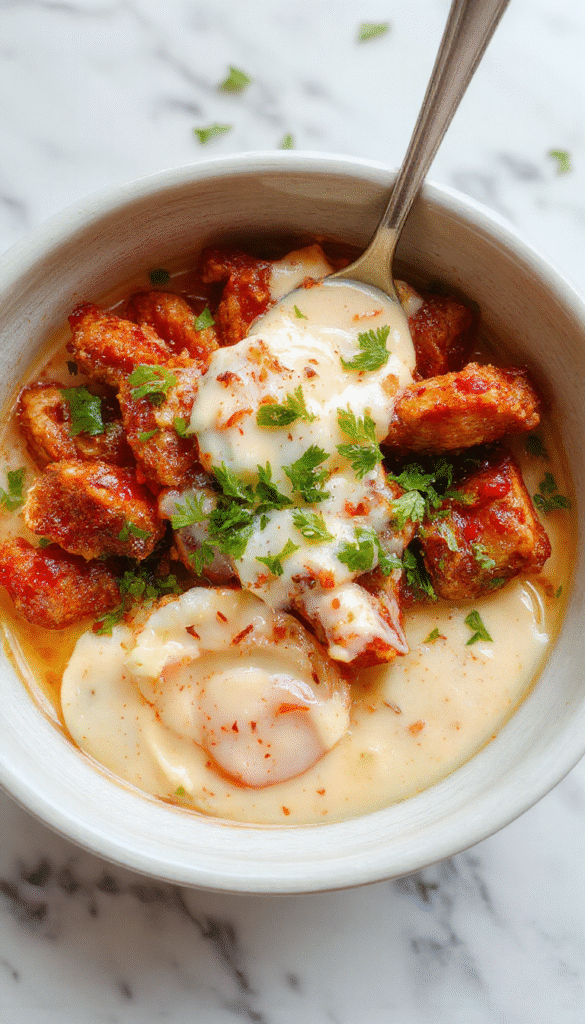 Colorful chicken bowl featuring crispy fried chicken pieces coated in a vibrant orange spicy sauce, topped with chopped green onions and sesame seeds, served in a white ceramic bowl on a rustic wooden table, with a drizzle of creamy sauce on the side, garnished with fresh herbs, showcasing a perfect blend of textures and flavors.