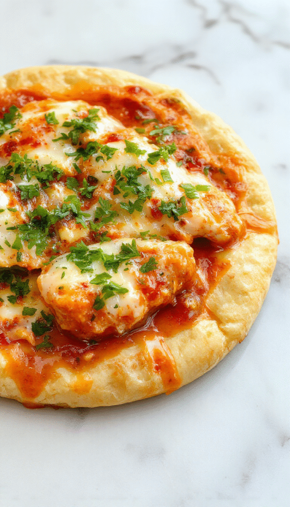 Colorful buffalo chicken flatbread topped with melted cheese, chopped green onions, and drizzled with spicy buffalo sauce, presented on a rustic wooden board with vibrant ingredients around.