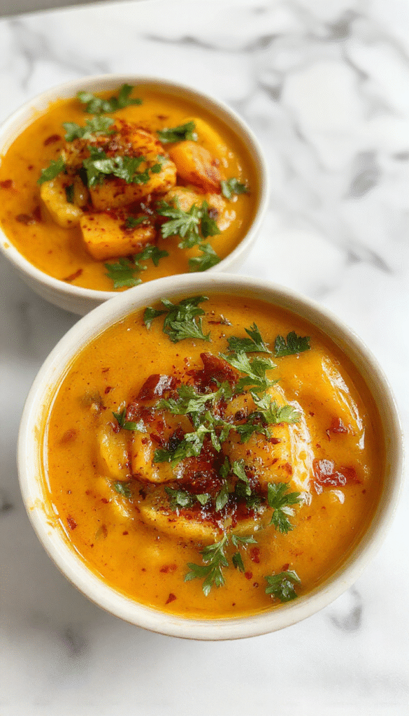 A vibrant bowl of spicy butternut squash and sweet potato soup topped with fresh herbs and a drizzle of coconut cream, served in a rustic white bowl on a wooden table with a spoon and a side of toasted bread. The soup has a smooth, velvety texture with bright orange and yellow hues, garnished with green herbs and a hint of red chili flakes for spiciness.