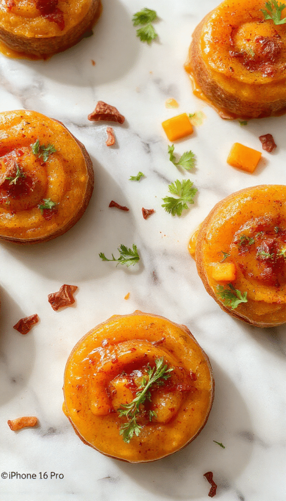 A vibrant bowl of spicy butternut squash and sweet potato soup garnished with fresh herbs, served in a rustic white bowl on a wooden table with a side of crusty bread, showcasing its smooth, velvety texture and warm orange hue.