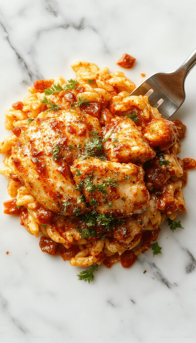 A vibrant plate featuring tender grilled Cajun chicken slices served atop a bed of creamy orzo pasta. Bright orange and green bell peppers add color, with a sprinkle of fresh herbs. The dish is styled elegantly on a rustic wooden table, highlighting the rich textures and fiery spices.