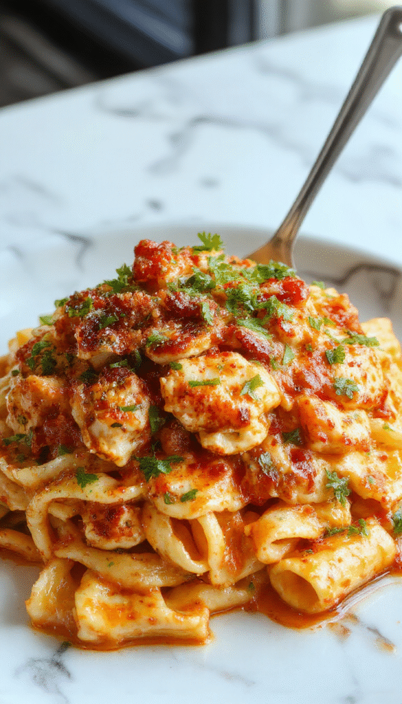A vibrant plate of creamy cajun chicken pasta featuring juicy grilled chicken slices coated in a spicy reddish sauce, garnished with green herbs and served over al dente pasta. The dish is plated on a rustic white dish with a backdrop of fresh herbs and red pepper flakes, showcasing a rich, spicy, and creamy texture with colorful seasoning accents.