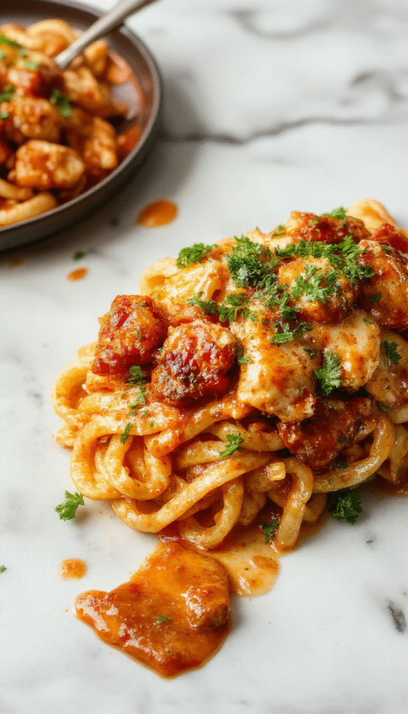 A vibrant plate of creamy Cajun chicken pasta with tender chicken strips coated in a bold spicy sauce, garnished with fresh herbs and served on a rustic white dish, contrasting against a dark wooden table to highlight the rich colors and textures.