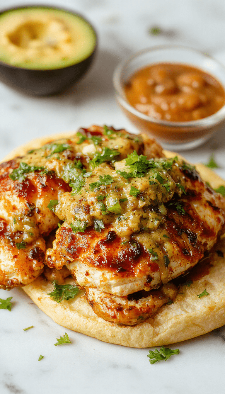 Colorful plated grilled chicken topped with vibrant green salsa verde, melted pepper jack cheese, garnished with fresh cilantro, served on a rustic wooden surface