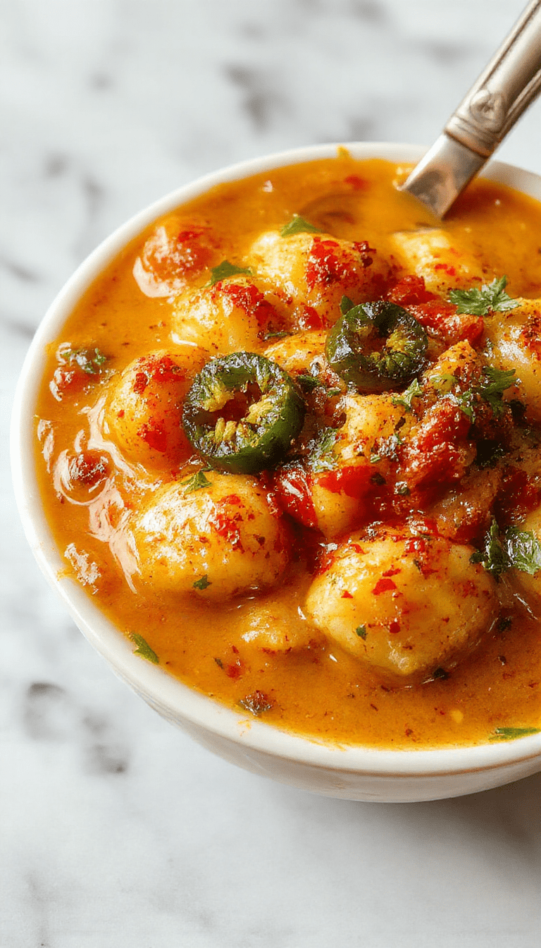 A vibrant bowl of spicy jalapeno popper soup with a creamy texture, topped with diced jalapenos, shredded cheese, and fresh herbs, presented on a rustic wooden table with a spoon and fresh ingredients around.