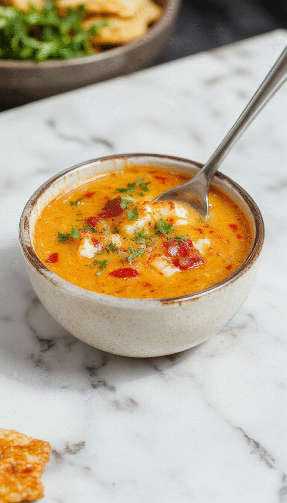 A vibrant bowl of jalapeno popper soup featuring a creamy yellow base topped with melted cheese, sliced jalapenos, and chopped herbs. The soup is garnished with crispy bacon pieces and served with a drizzle of sour cream, all presented on a rustic wooden table with a spoon resting beside it, capturing the rich textures and inviting colors.