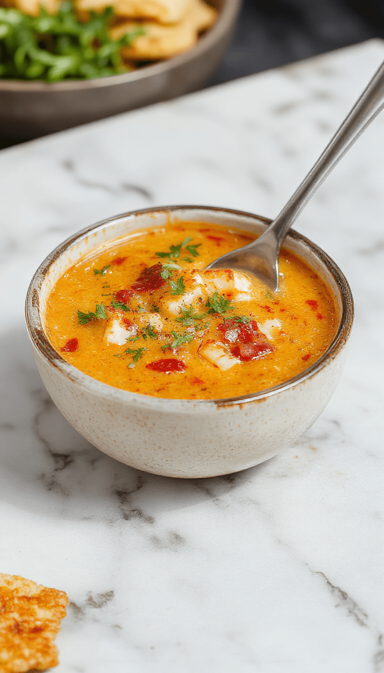 A vibrant bowl of jalapeno popper soup featuring a creamy yellow base topped with melted cheese, sliced jalapenos, and chopped herbs. The soup is garnished with crispy bacon pieces and served with a drizzle of sour cream, all presented on a rustic wooden table with a spoon resting beside it, capturing the rich textures and inviting colors.